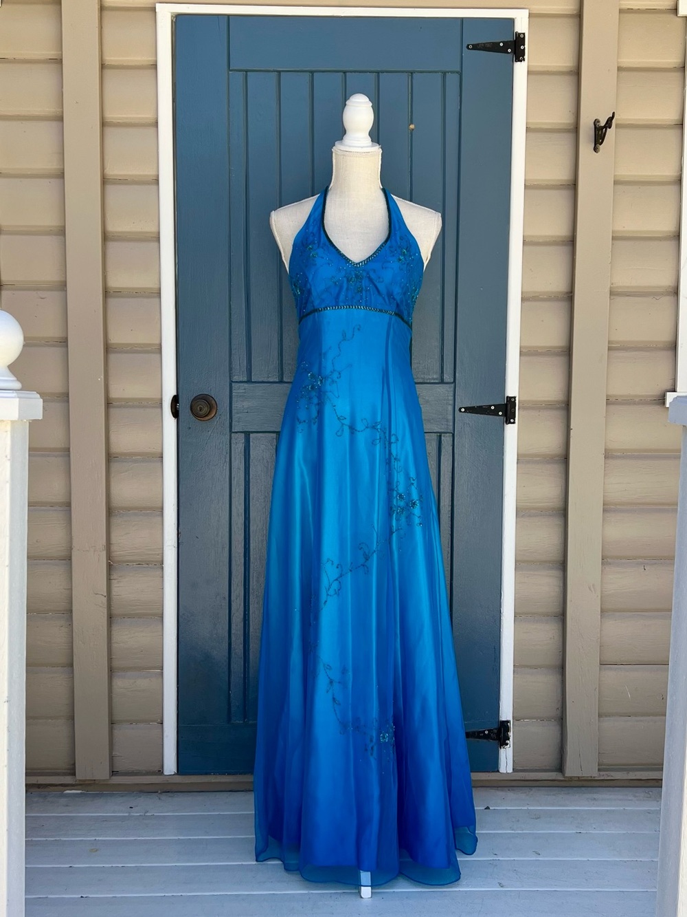 Vintage Blondie Nites Blue Beaded Halter Corset Prom Dress Gown junior size 3